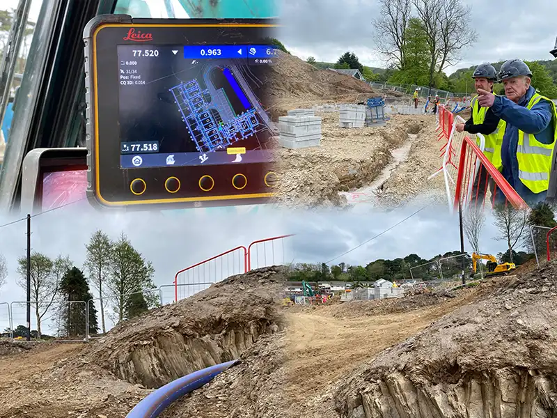 A montage of early activity on the site - viwing foundations, spoil pipework and a GPS screen for a digger.